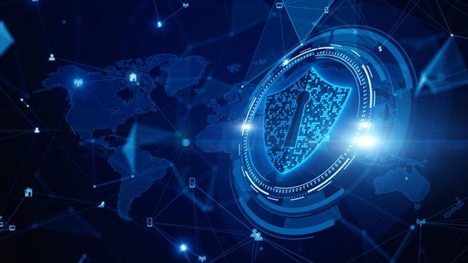 Shield Icon Cyber Security, Digital Data Network Protection, Future Technology Digital Data Network Connection Background Concept.