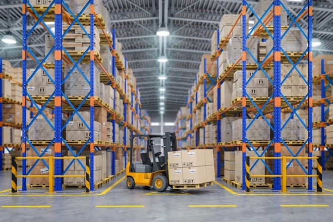 Forklift truck in warehouse or storage and shelves with cardboard boxes. 3d illustration - stock image