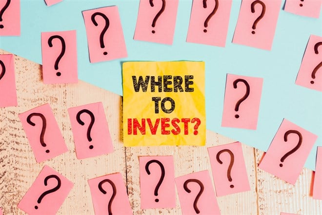 Text sign showing Where To Invest Question. Business photo text asking about where put money into financial schemes or shares Scribbled and crumbling papers with thick cardboard above wooden table - stock image