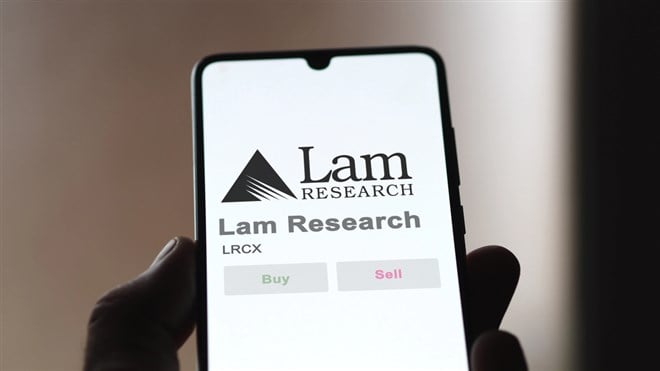 April 09th 2024 , Fremont, California. Close up on logo of Lam Research on the screen of an exchange. Lam Research price stocks, $LRCX on a device. — Stock Editorial Photography