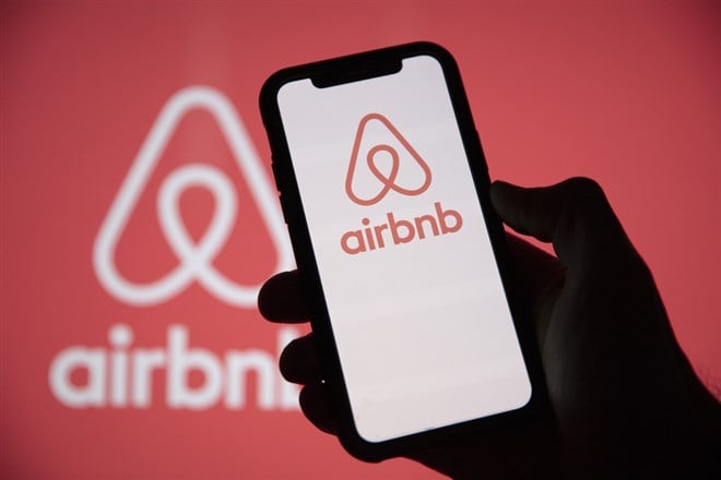 LONDON, UK - May 15 2020: Airbnb home holiday rental logo on a smartphone screen