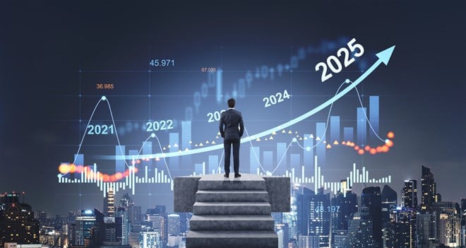 Photo of a businessman on a podium looking at a financial forecast chart for 2025, set against a cityscape background at night, indicating future market predictions