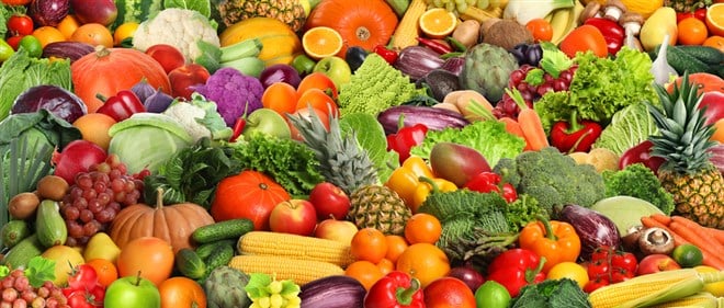 Assortment of fresh vegetables and fruits as background, banner design - stock image