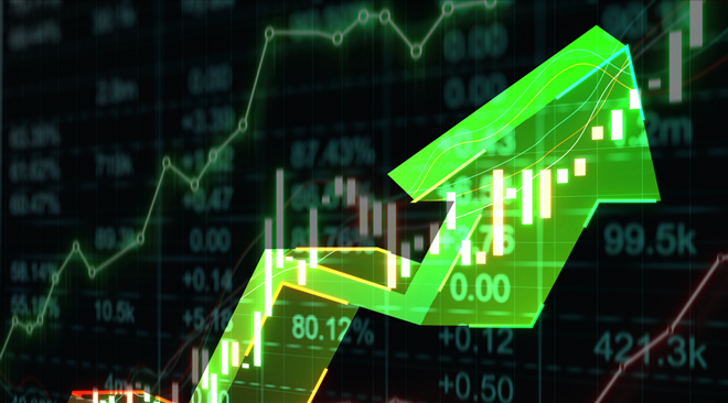 Bullish market and investing concept with rising up digital green graphic arrow on dark technological background with forex market chart graphs and candlestick. 3D rendering — Photo