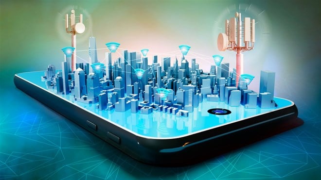 3D illustration of conceptual smart city hologram on smartphone screen. Telecom radio towers and wifi connections between buildings.