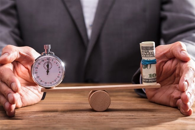 Photo of two hands balancing time and money