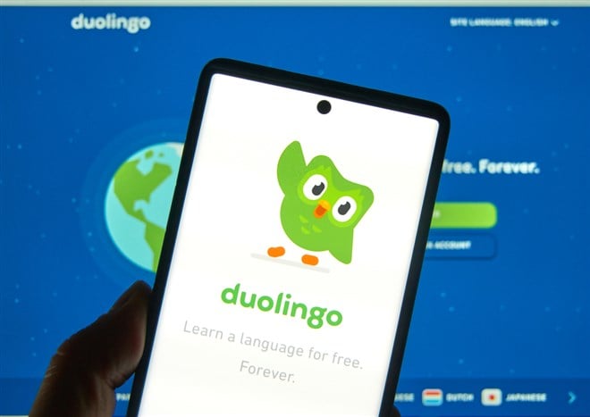 Montreal, Canada - March 08, 2020: Duolingo logo and application on a cellphone. Duolingo is a platform that includes a language-learning website and mobile application.