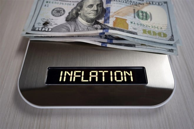 photo of money on a scale that reads "inflation"