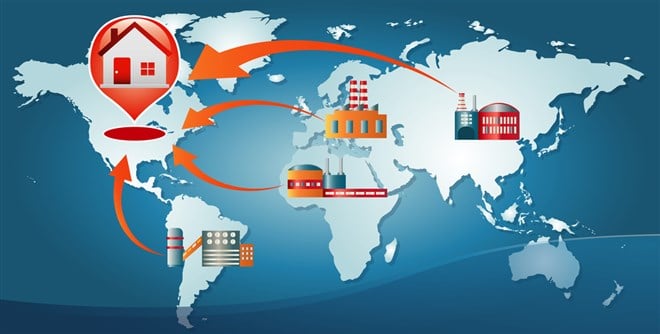 Reshoring concept. Local production. Factories companies come home. Increased protectionism. Local production self-sufficiency. Automated supply chain. Avoid production chain disruption - stock illustration