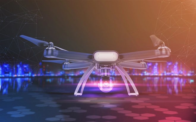 Double Exposure, Modern Remote Control Air Drone Flying with action camera. on black background. 3D . - stock image