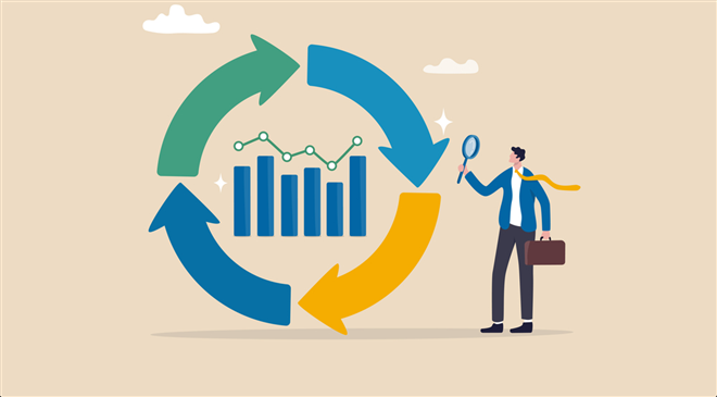 Economic cycle to study up and down on stock market, booming or recession, business cycle for marketing, statistic or data analysis concept, businessman with magnifier on economic cycle diagram. — Vector