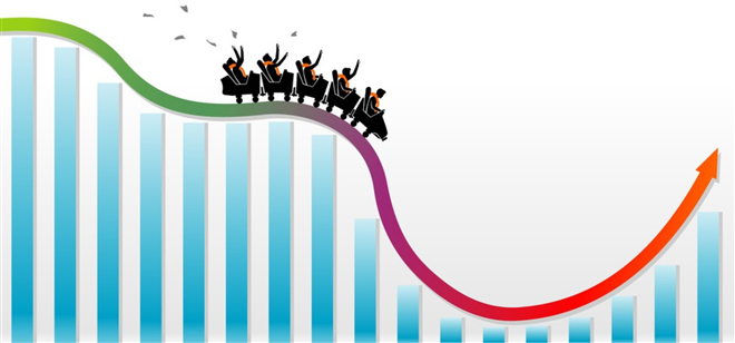 Graphic of investors on a rollercoaster ride on a stock bar chart.