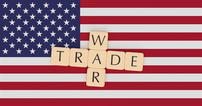 USA News Concept: Letter Tiles Trade War On US Flag, 3d illustration - stock image