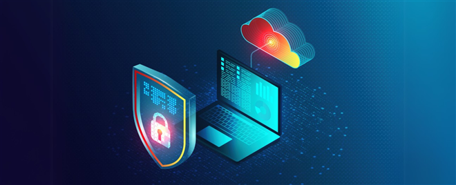 Cloud-based Cybersecurity Software - Endpoint Security Solutions Concept with Virtual Shield and Laptop Connected to the Digital Cloud - 3D Illustration — Photo