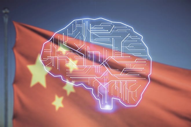 Virtual creative artificial Intelligence hologram with human brain sketch on Chinese flag and sunset sky background. Double exposure — Photo