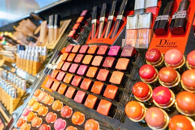 MILAN, ITALY - CIRCA NOVEMBER, 2017: cosmetics on display at Rinascente. Rinascente is a collection of high-end stores. - Stock Editorial Photography