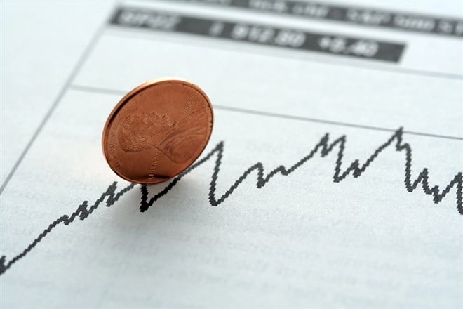 Photo of a penny on its edge on a stock performance chart