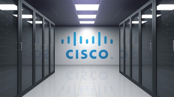 Cisco Systems logo on the wall of the server room. Editorial 3D