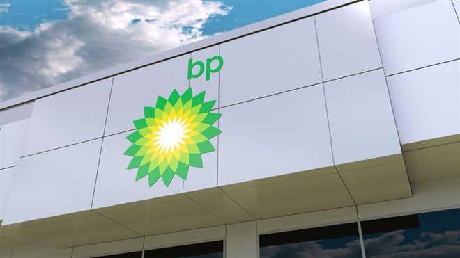 BP logo on the modern building facade. Editorial 3D