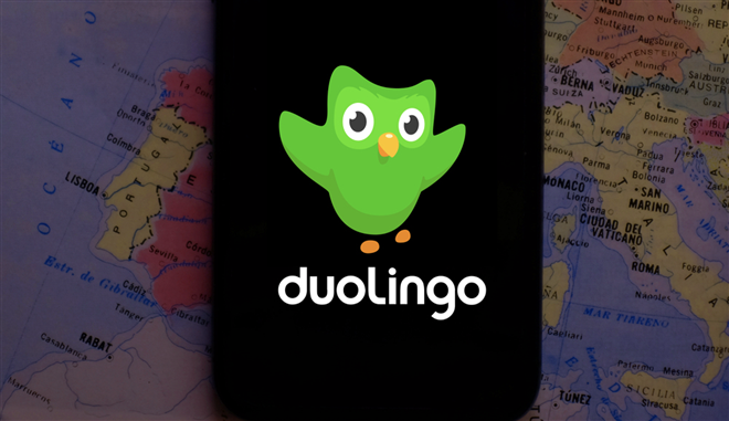 Smartphone with the DUOLINGO logo which is a website and social project aimed at free language learning and certification of the level of English.United States, New York, Friday, November 1, 2019 — Illustration by Daniel.Constante