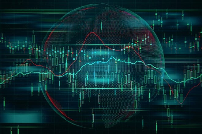 Finance and global financial markets concept world map at background stock market chart and forex data. 3d rendering — Photo