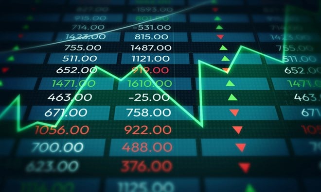 Stock market showing growth and profit with green graph, colorful numbers on blue backdrop. Business and finance market up concept design — Photo