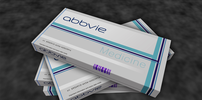 Poznan, Poland, October 25, 2023: Abbvie tablets box production line. Pharmaceutical company. Pills pack factory. Abstract concept 3d rendering illustration. — Stock Editorial Photography