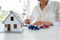 Car and House model with agent and customer insurance or loan real estate or property background