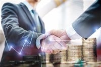 Business people shaking hands, Greeting Deal Concept with Stock market or forex trading graph and money coin stack, modern city background.