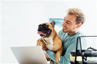 Smiling man holding french bulldog while working on laptop