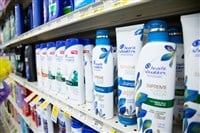 A view of several bottles of Head and Shoulders hair products, on display at a local grocery store