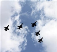 Israeli Air Force airplanes (five jet fighters) at parade in honor of Independence Day - Stock Editorial Photography