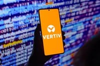 In this photo illustration, the Vertiv logo is displayed on a smartphone screen