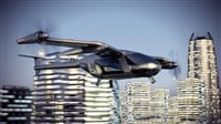 Flying Taxi Drone Going Through the City. 3d illustration