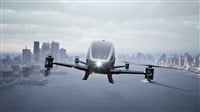 Autonomous driverless aerial vehicle fly across city, 3d render