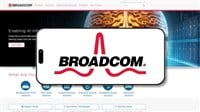 Istanbul, Turkey - 27 March 2024: Broadcom logo on smartphone screen with its website in background. Broadcom is a technology company that designs and supplies semiconductor software solutions — Stock Editorial Photography