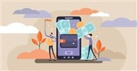 Photo: Mobile wallet vector illustration. Flat tiny persons concept with money transfer from cash to smartphone application. Pay using wireless technology transaction. Modern customer finance deposit account