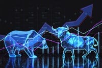 Abstract bearish and bullish forex chart on blurry wallpaper. Stock market exchange and financial analysis. 3D Rendering — Photo