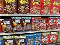 Grovetown, Ga USA - 08 19 23: Walmart retail store interior General Mills cereals Cocoa Puffs Trix