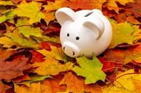 White piggy bank in autumn leaves on the ground. Autumn background