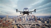 Autonomous driverless aerial vehicle fly across city, 3d render