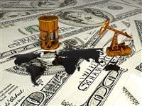 Golden Pumpjack And Spilled Oil On The Money. 3D Scene.