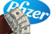 Wallet with dollars and a blurry Pfizer logo. Pfizer vaccine cost concept against coronavirus, covid-19: NEW YORK, USA, November 30, 2020. — Photo