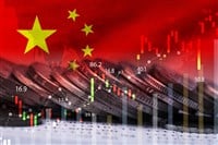 Double exposure of China flag on coins stacking and stock market graph chart .It is symbol of china high growth economy and investment  technology concept.