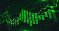 Stock market trading graph in green color as economy 3D illustration background. Trading trends and economic statistics. — Photo