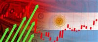 Argentina flag, dollar bills, stock market chart and rising green arrow. Financial data, exchange rate, employment, interest, inflation, recession and financial concept background image — Photo