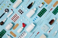 Full frame shot of composed various medical supplies on blue surface — Photo