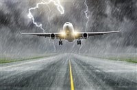 Lightning strike on an airplane electric discharge during a thunderstorm on landing at the airport — Photo