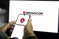 Mobile phone with logo of American semiconductor company Broadcom Inc. on screen