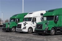 Indianapolis - Circa March 2023: Volvo Semi Tractor Trailer Big Rig Truck display at a dealership. Volvo Trucks is one of the largest truck manufacturers.